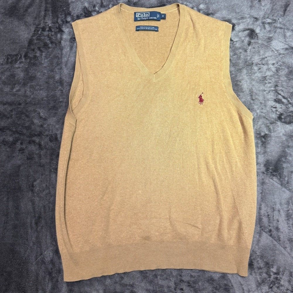 Polo Ralph Lauren Tan Pima Cotton V-Neck Sweater Vest Mens Small Pony Logo